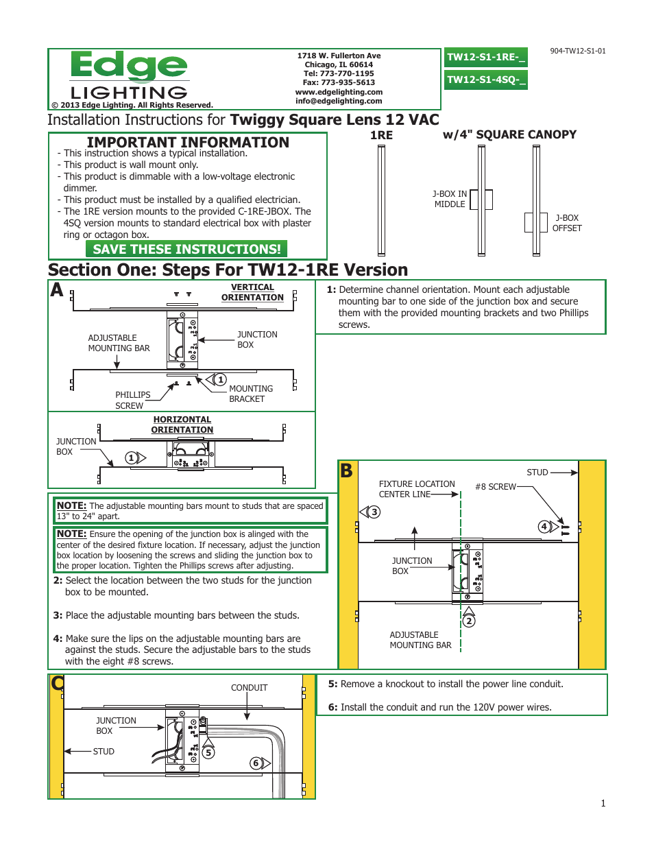 Edge Lighting Twiggy, Square 1" Lens User Manual | 4 pages