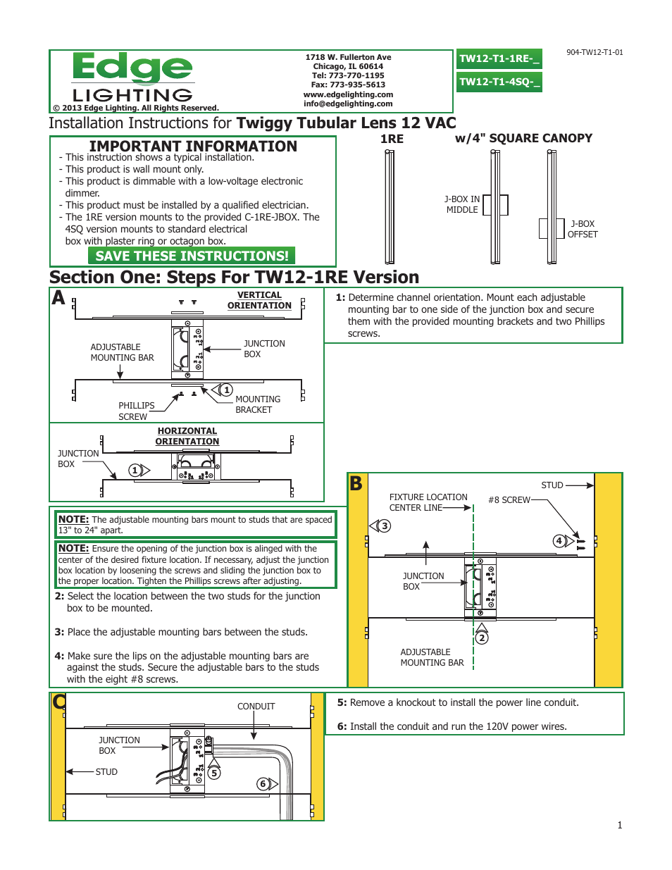 Edge Lighting Twiggy, Tubular 1" Lens User Manual | 4 pages