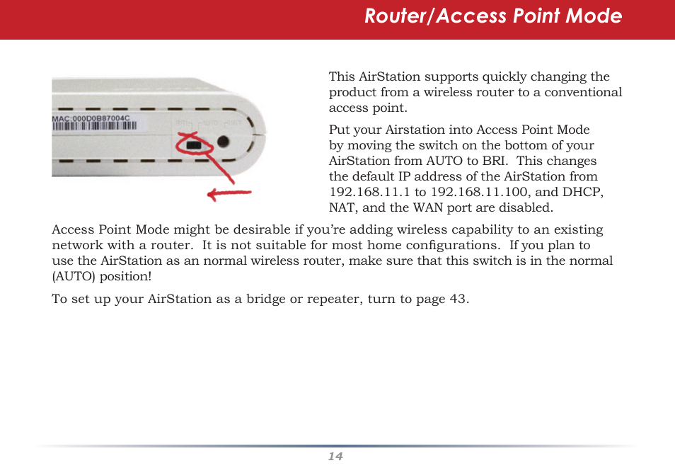 Router/access point mode | Buffalo Technology AirStation WHR-G54S User Manual | Page 14 / 93