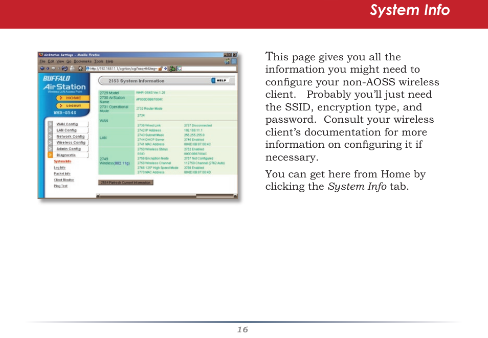 System info | Buffalo Technology AirStation WHR-G54S User Manual | Page 16 / 93