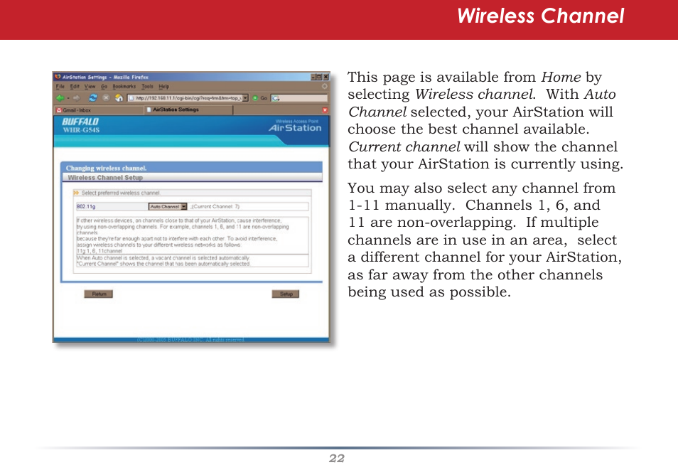 Wireless channel | Buffalo Technology AirStation WHR-G54S User Manual | Page 22 / 93