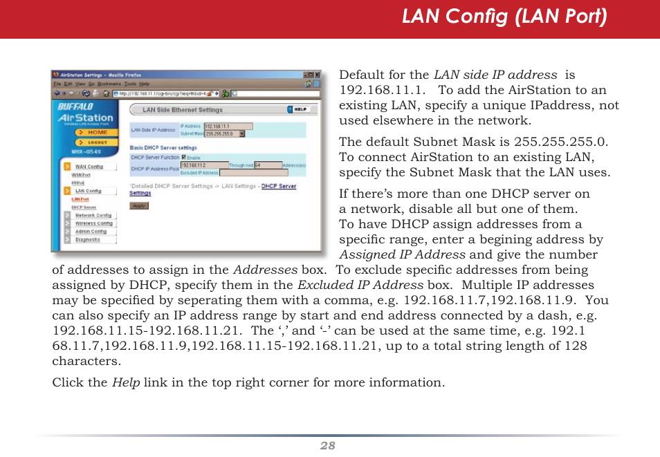 Lan config (lan port) | Buffalo Technology AirStation WHR-G54S User Manual | Page 28 / 93