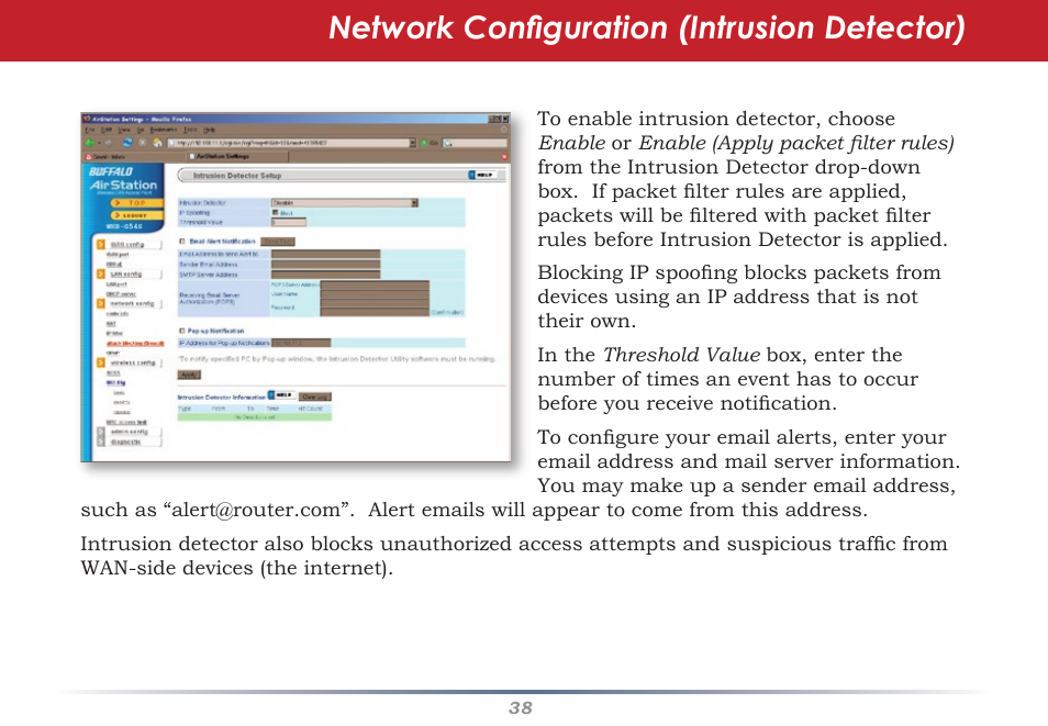 Network configuration (intrusion detector) | Buffalo Technology AirStation WHR-G54S User Manual | Page 38 / 93