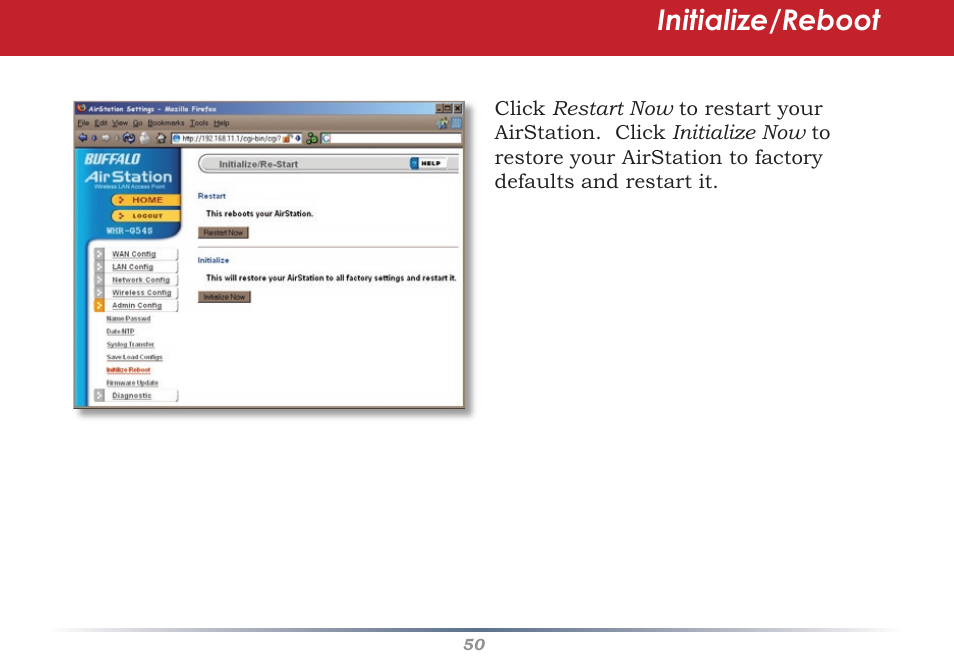 Initialize/reboot | Buffalo Technology AirStation WHR-G54S User Manual | Page 50 / 93
