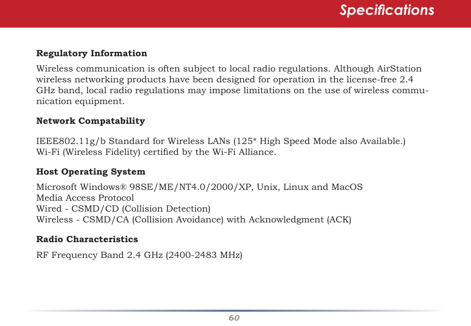 Specifications | Buffalo Technology AirStation WHR-G54S User Manual | Page 60 / 93