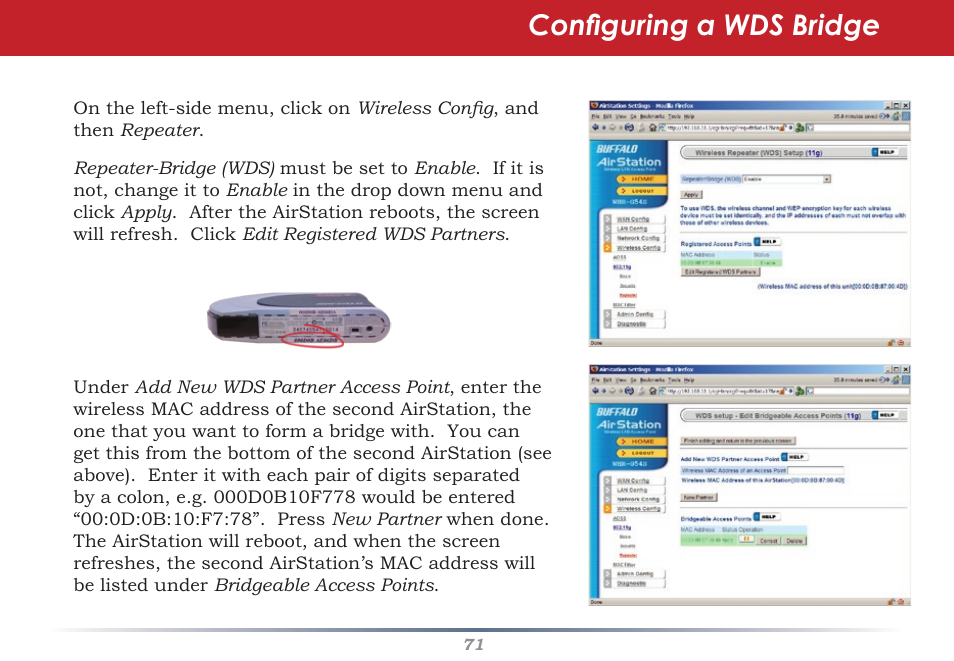 Configuring a wds bridge | Buffalo Technology AirStation WHR-G54S User Manual | Page 71 / 93