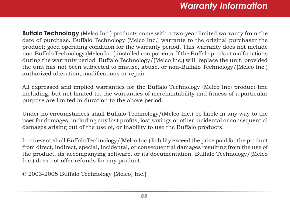 Warranty information | Buffalo Technology AirStation WHR-G54S User Manual | Page 88 / 93