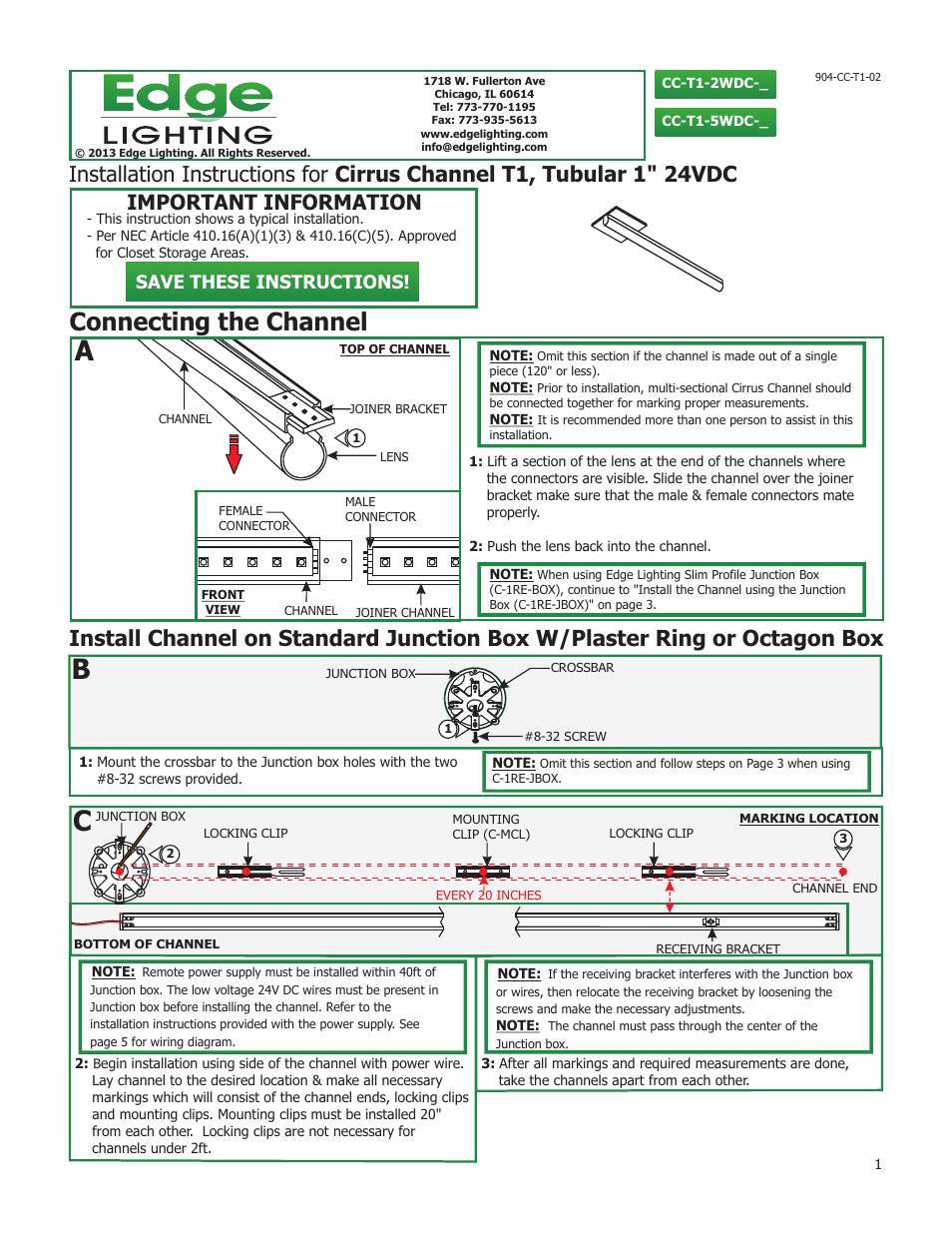 Edge Lighting Cirrus Channel, Tubular 1" Lens User Manual | 5 pages