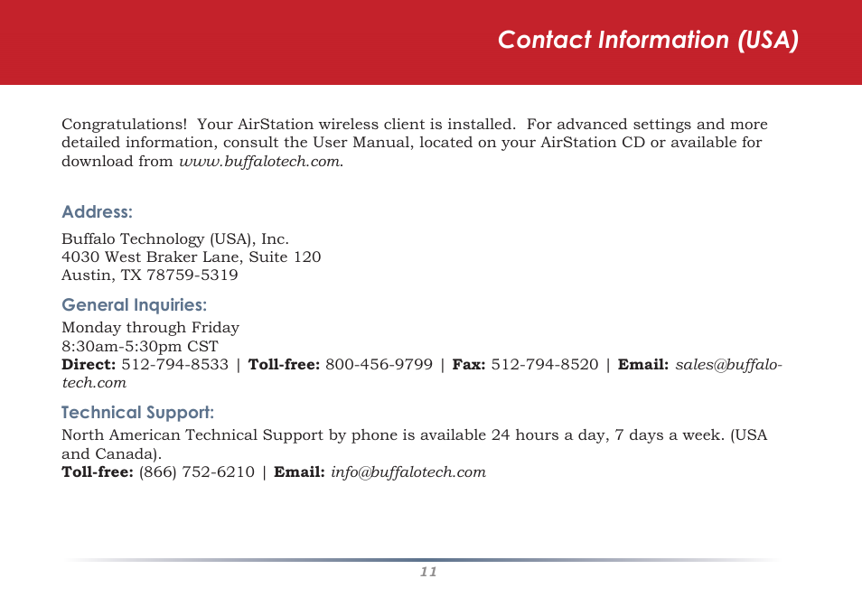 Contact information (usa) | Buffalo Technology WLI-U2-G300N User Manual | Page 11 / 13