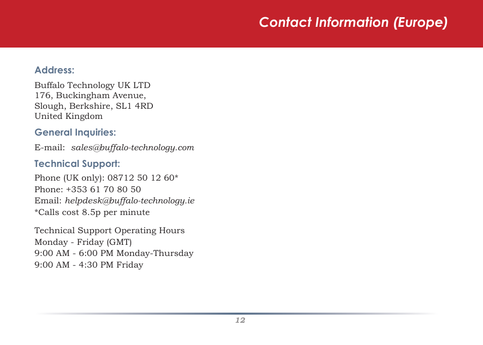 Contact information (europe) | Buffalo Technology WLI-U2-G300N User Manual | Page 12 / 13