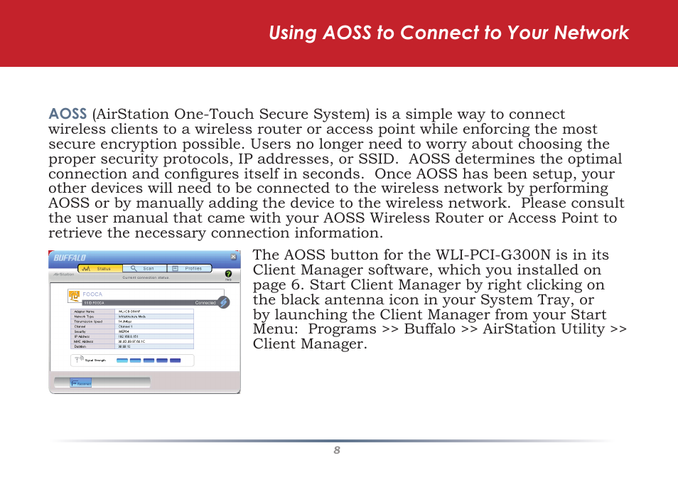 Using aoss to connect to your network | Buffalo Technology WLI-U2-G300N User Manual | Page 8 / 13