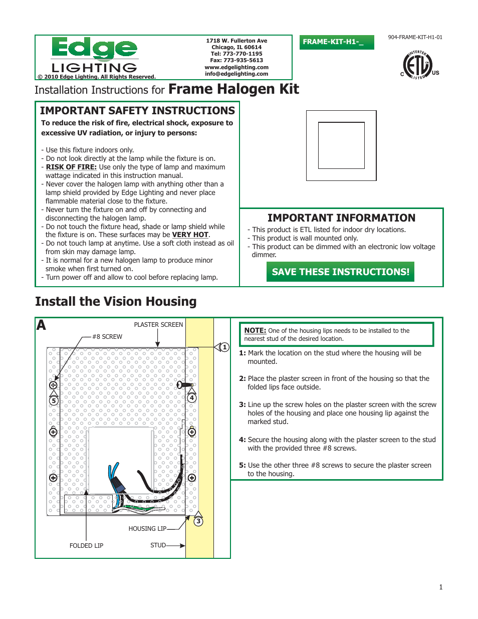 Edge Lighting Frame User Manual | 2 pages