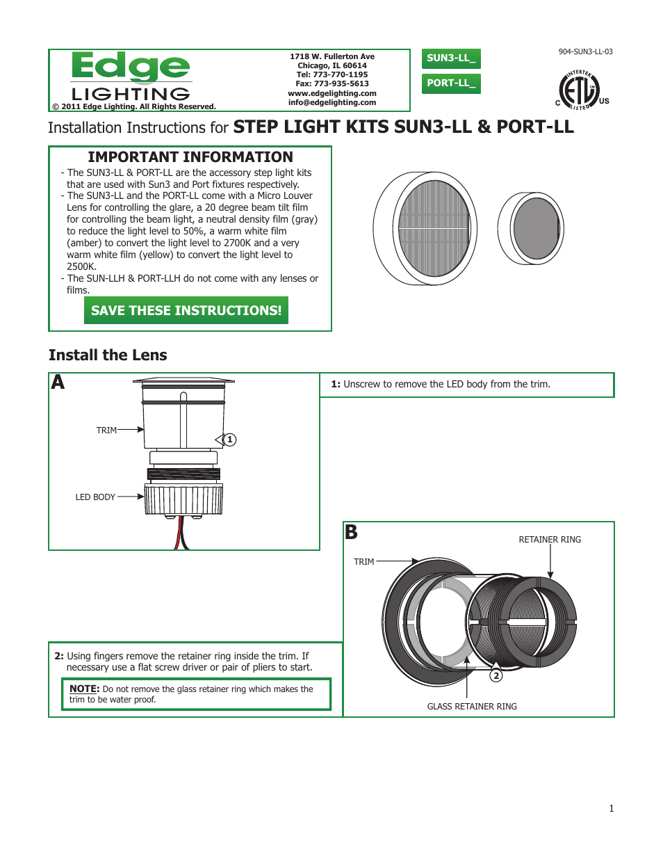 Edge Lighting Sun 3 LED Components User Manual | 2 pages