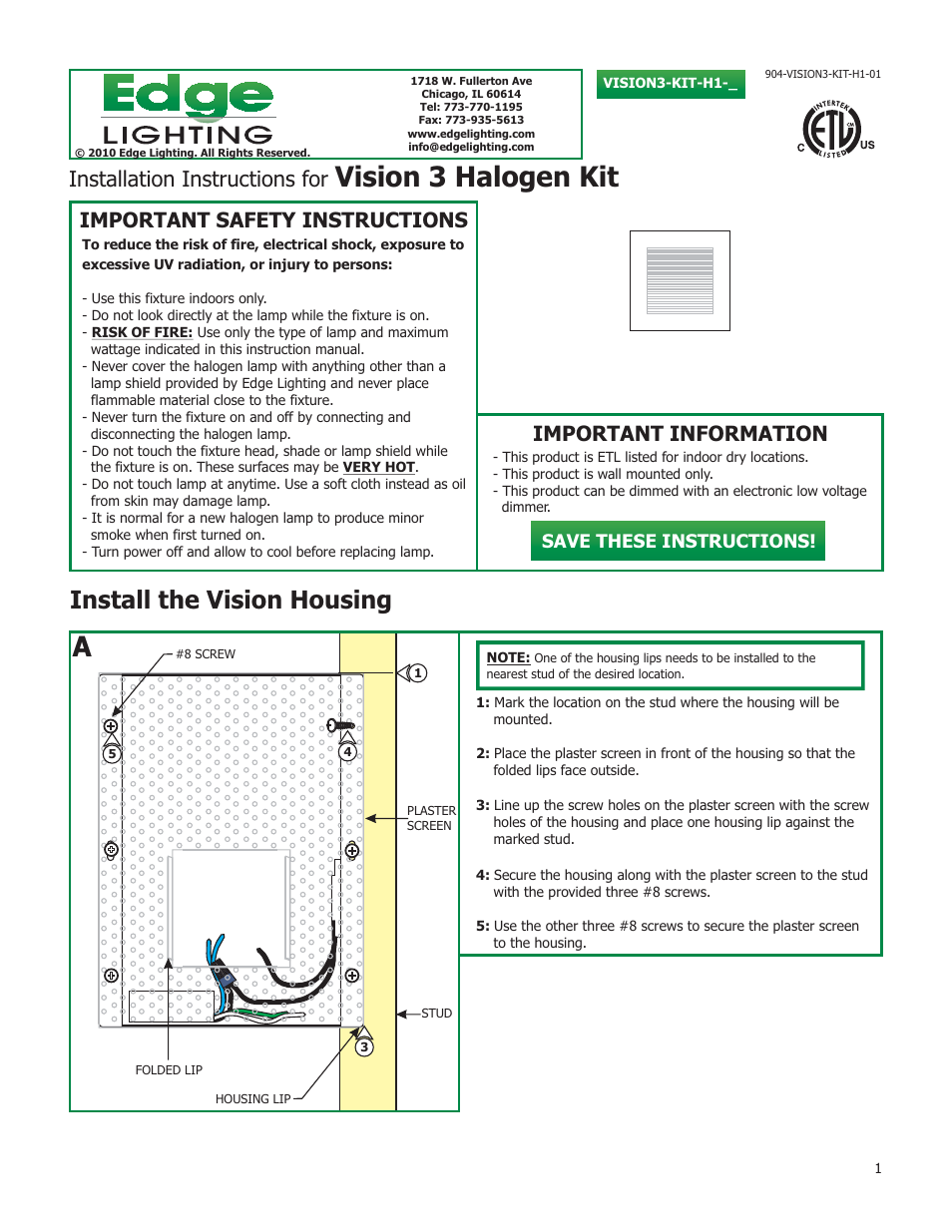 Edge Lighting Vision 3 User Manual | 3 pages