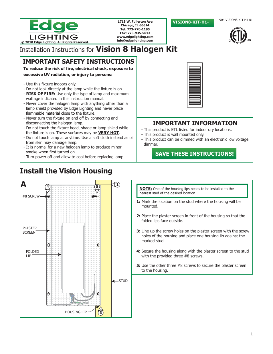 Edge Lighting Vision 8 User Manual | 3 pages