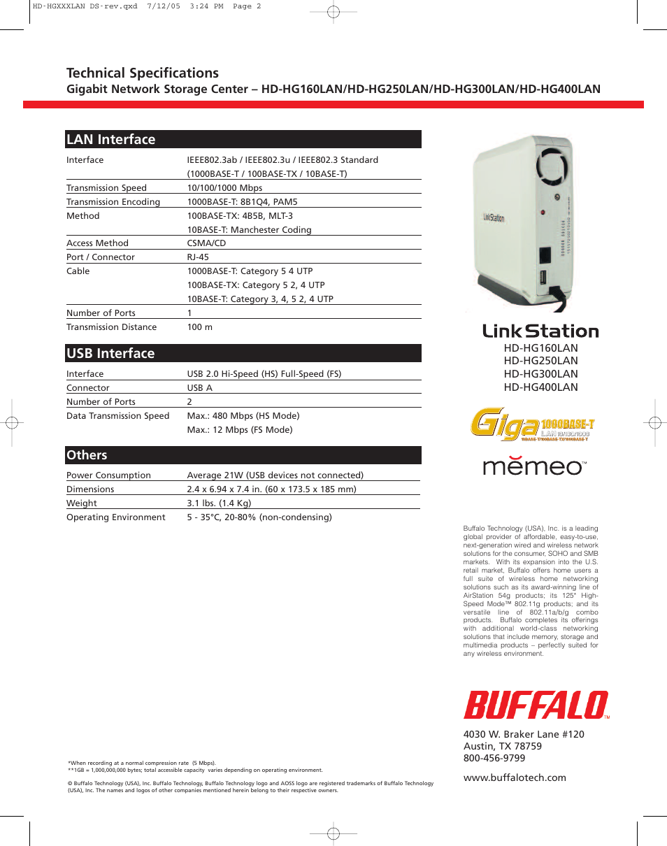 Lan interface, Usb interface, Technical specifications | Others | Buffalo Technology LinkStation HD-HG160LAN User Manual | Page 2 / 2