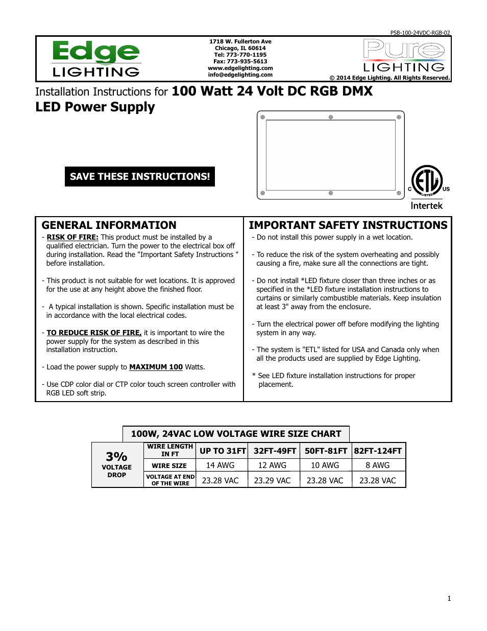 Edge Lighting PSB-100W-24VDC-RGB, 100 Watt 24 Volt DC Power Supply User Manual | 6 pages