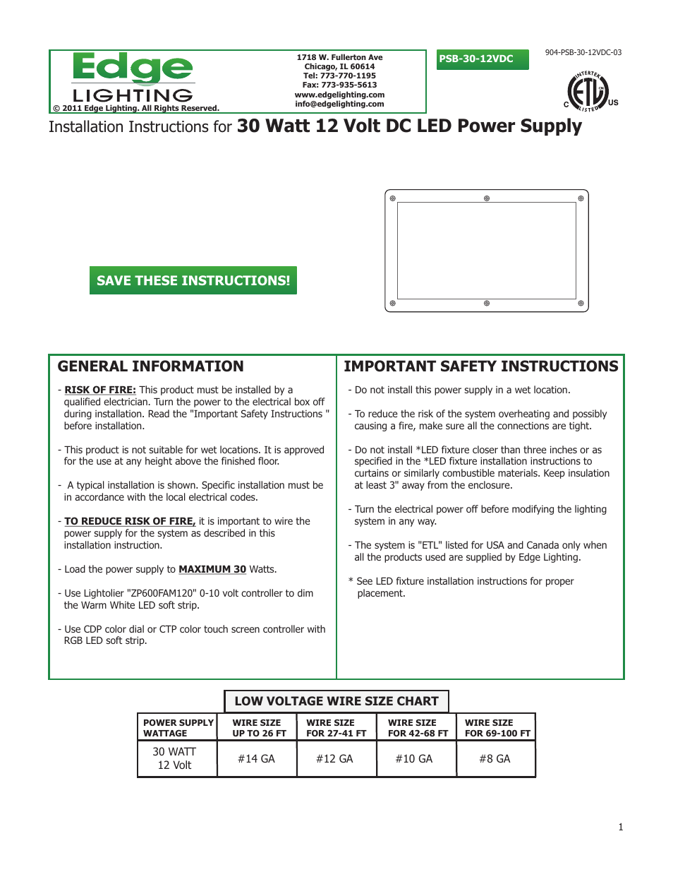 Edge Lighting PSB-30W-12VDC, 30 Watt 12 Volt DC Power Supply User Manual | 9 pages