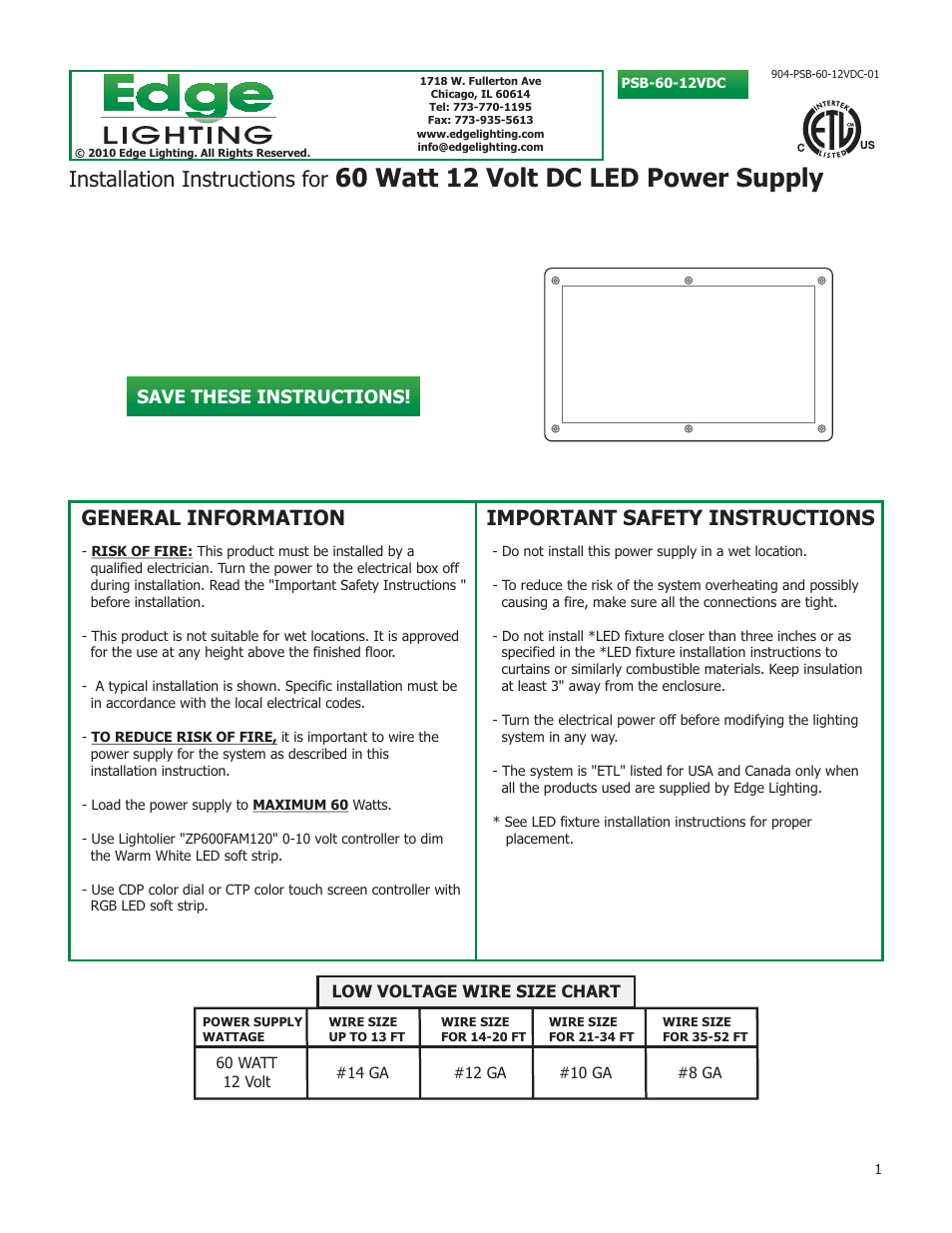 Edge Lighting PSB-60W-12VDC, 60 Watt 12 Volt DC Power Supply User Manual | 8 pages