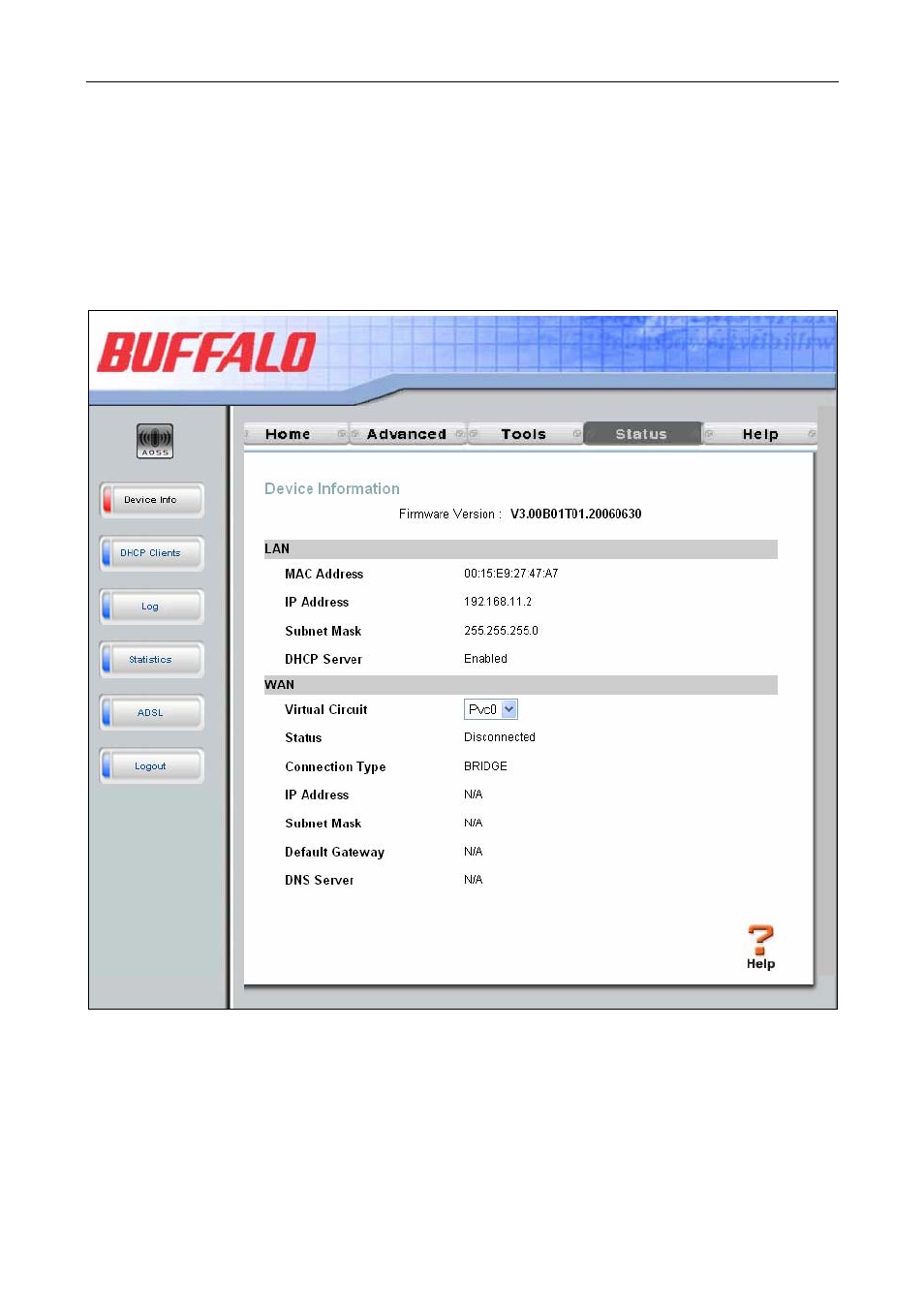 Status, Device info | Buffalo Technology WBMR-G54 User Manual | Page 104 / 121