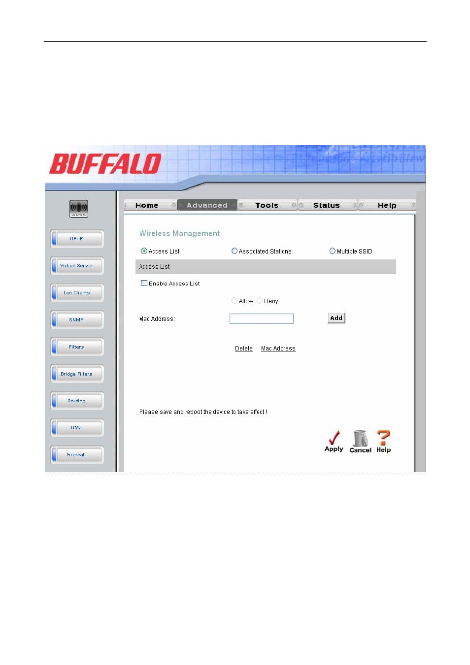 Wireless management, Configure wireless access control | Buffalo Technology WBMR-G54 User Manual | Page 92 / 121