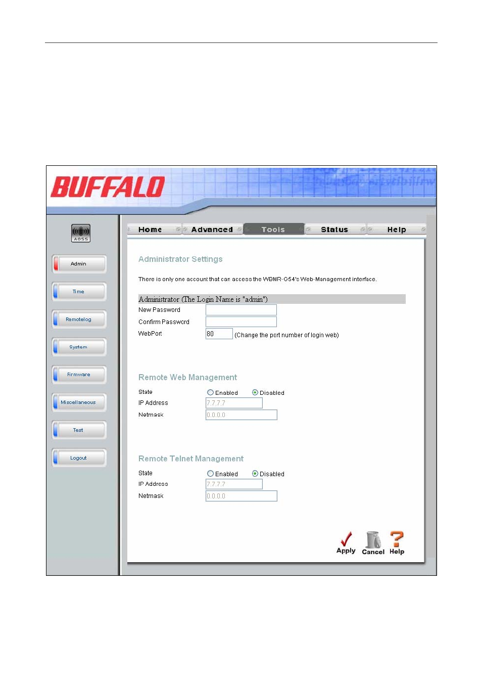 Tools, Admin | Buffalo Technology WBMR-G54 User Manual | Page 95 / 121