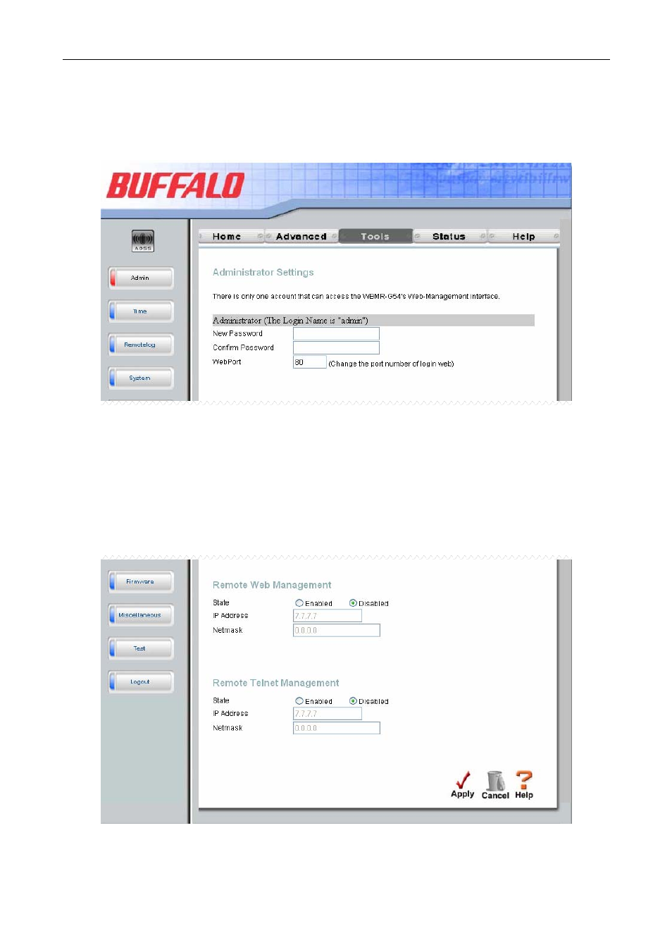 Change system password, Remote web management and remote telnet access | Buffalo Technology WBMR-G54 User Manual | Page 96 / 121