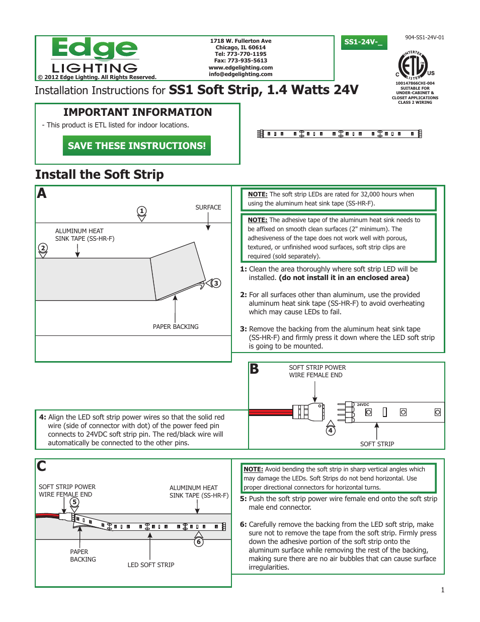 Edge Lighting SS1 Soft Strip, 1.4W 24VDC Low Output User Manual | 3 pages