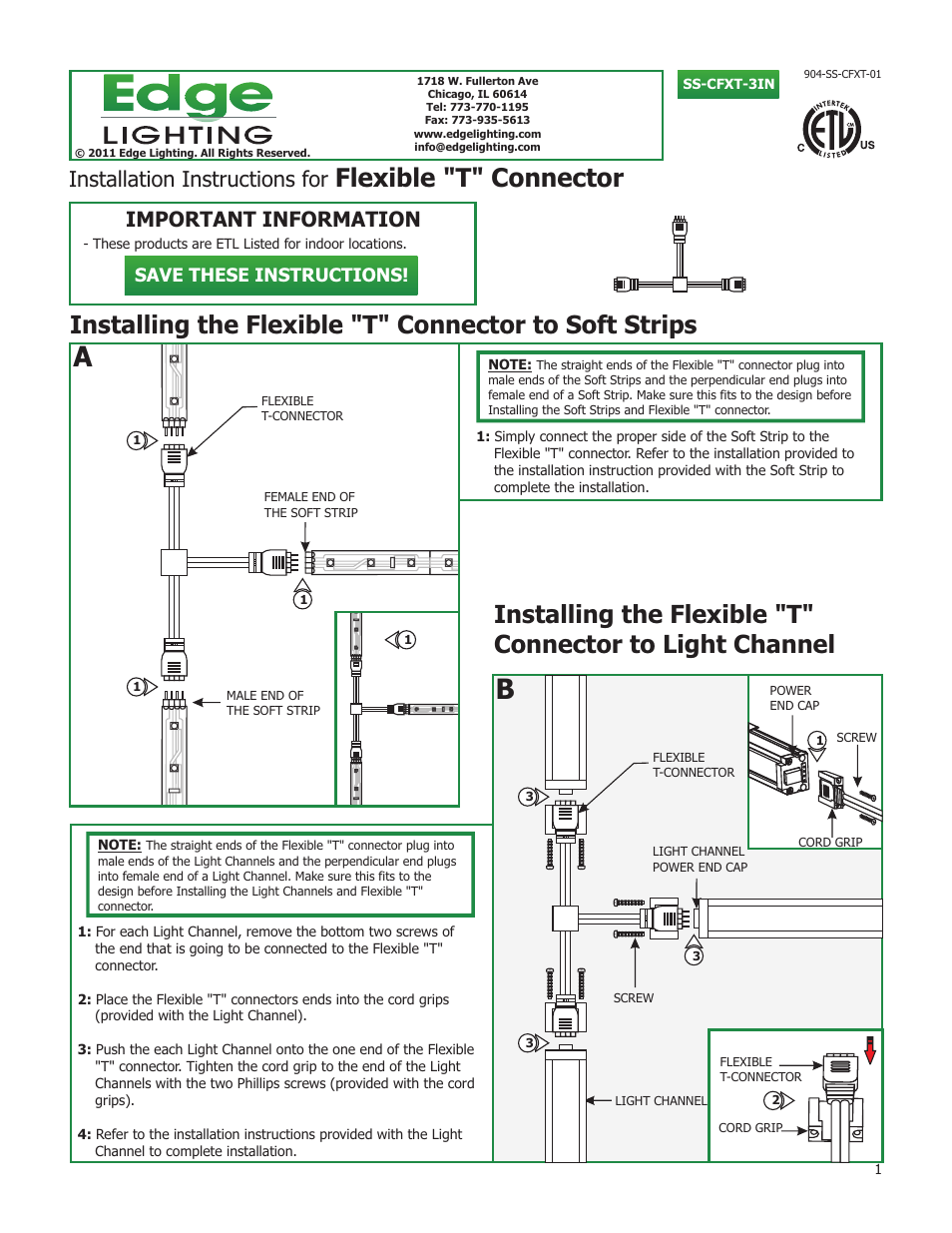 Edge Lighting Flexible T-Connector User Manual | 1 page