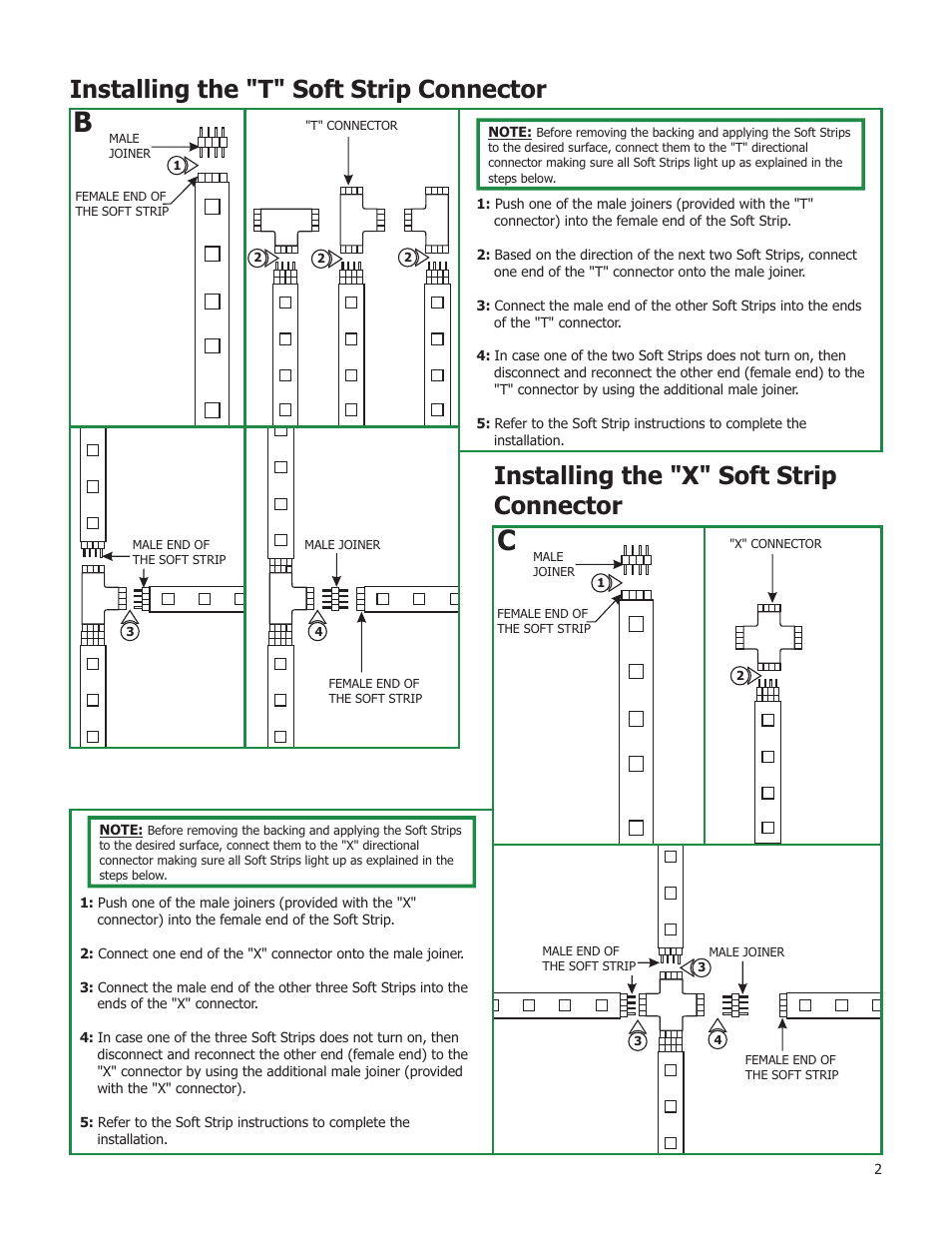 Installing the "t" connector soft strip, Installing the "x" connector soft strip | Edge Lighting X-Connector User Manual | Page 2 / 2