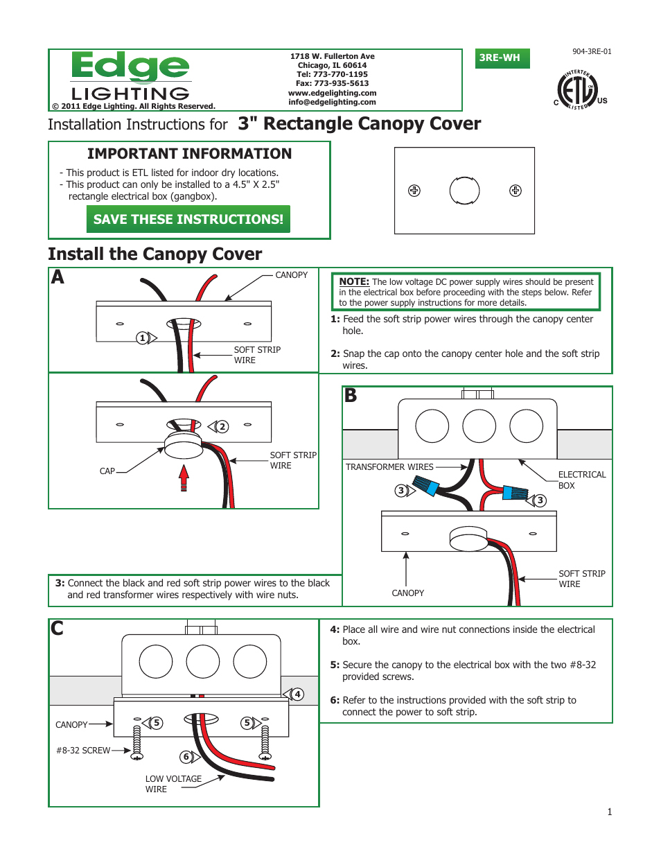 Edge Lighting Canopy Cover & Splice Box User Manual | 1 page