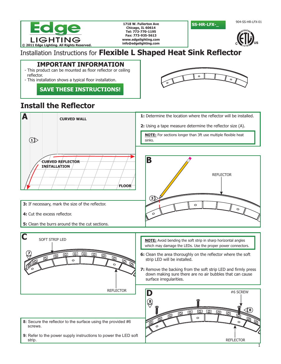 Edge Lighting Heat Sink Reflector Flexible L-Channel User Manual | 1 page