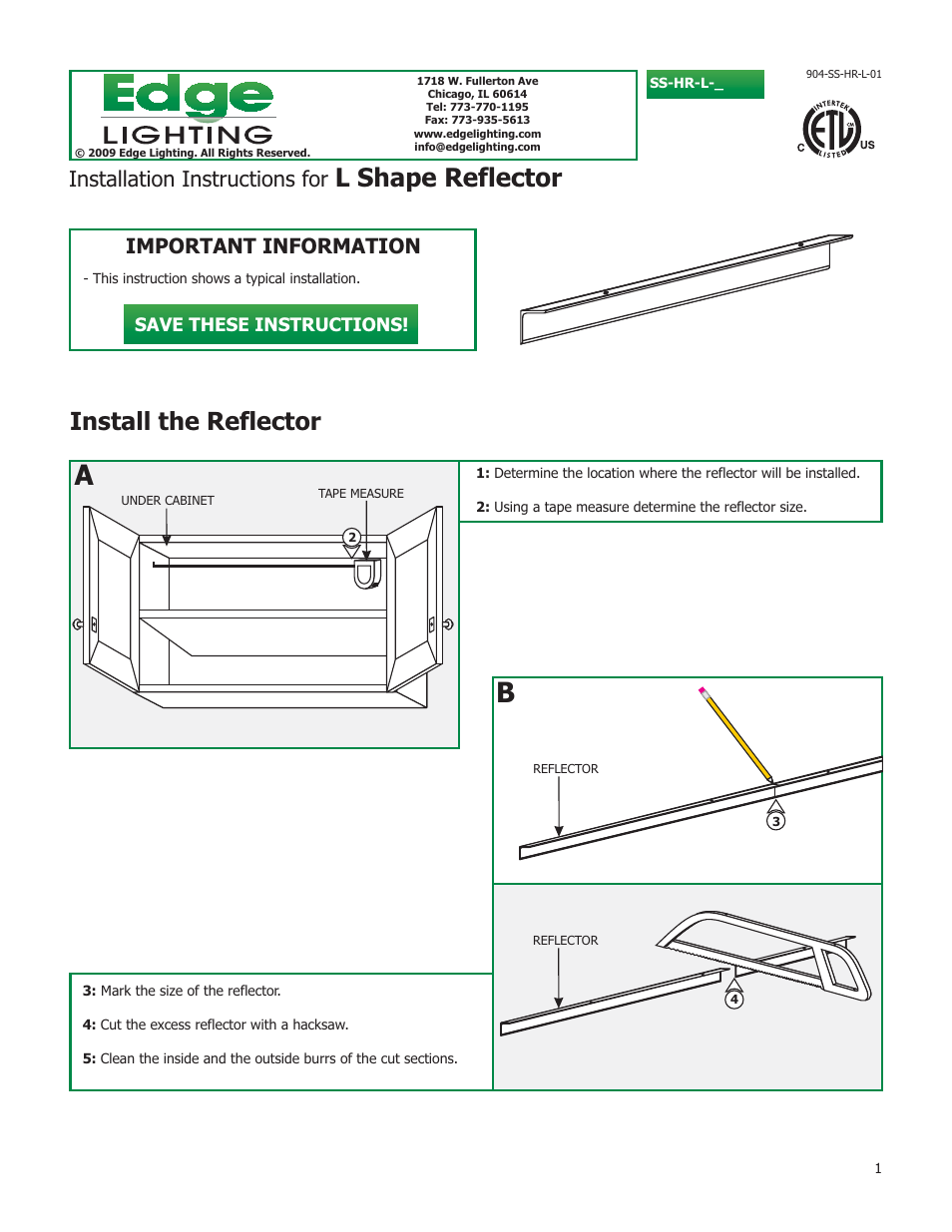 Edge Lighting Heat Sink Reflector L-Shaped & Flat Channel User Manual | 2 pages