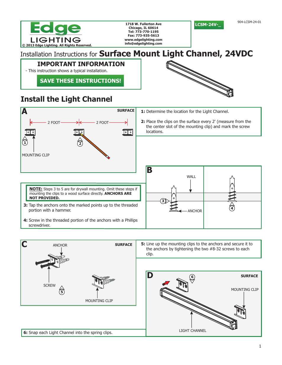 Edge Lighting Light Channel, Surface Mount 24V User Manual | 3 pages