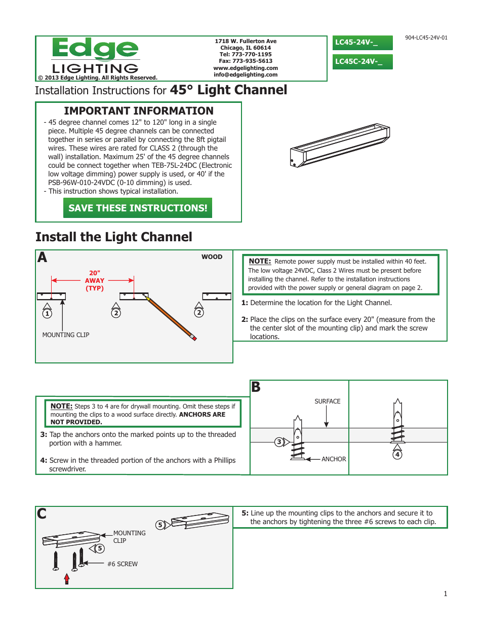 Edge Lighting 45° Light Channel 24V High Output User Manual | 3 pages