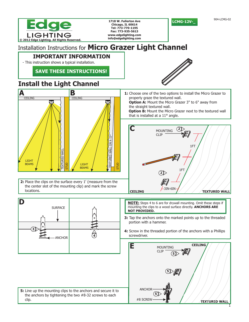 Edge Lighting Micro Grazer Light Channel 2.3W, 12V User Manual | 2 pages