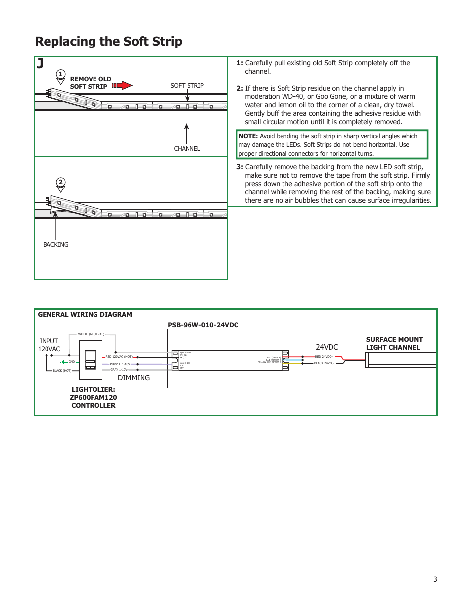 Replacing the soft strip, 24vdc, Dimming | Edge Lighting Micro Grazer Light Channel 7W or 4.4W 24V User Manual | Page 3 / 3