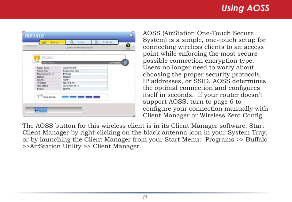 Using aoss | Buffalo Technology WLI2-PCI-G54S User Manual | Page 11 / 45