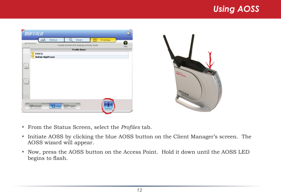 Using aoss | Buffalo Technology WLI2-PCI-G54S User Manual | Page 12 / 45