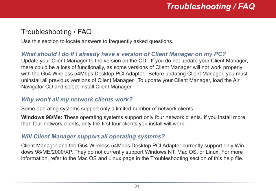 Troubleshooting / faq | Buffalo Technology WLI2-PCI-G54S User Manual | Page 31 / 45