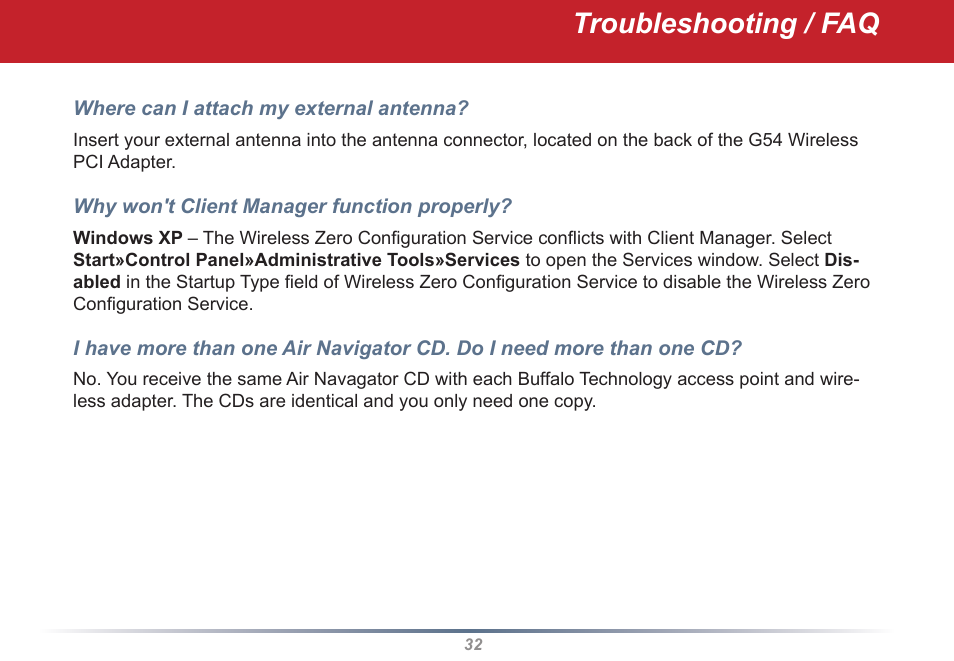Troubleshooting / faq | Buffalo Technology WLI2-PCI-G54S User Manual | Page 32 / 45