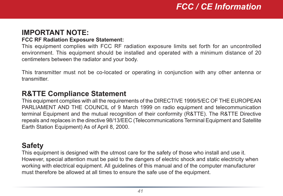 Fcc / ce information, R&tte compliance statement, Safety | Buffalo Technology WLI2-PCI-G54S User Manual | Page 41 / 45