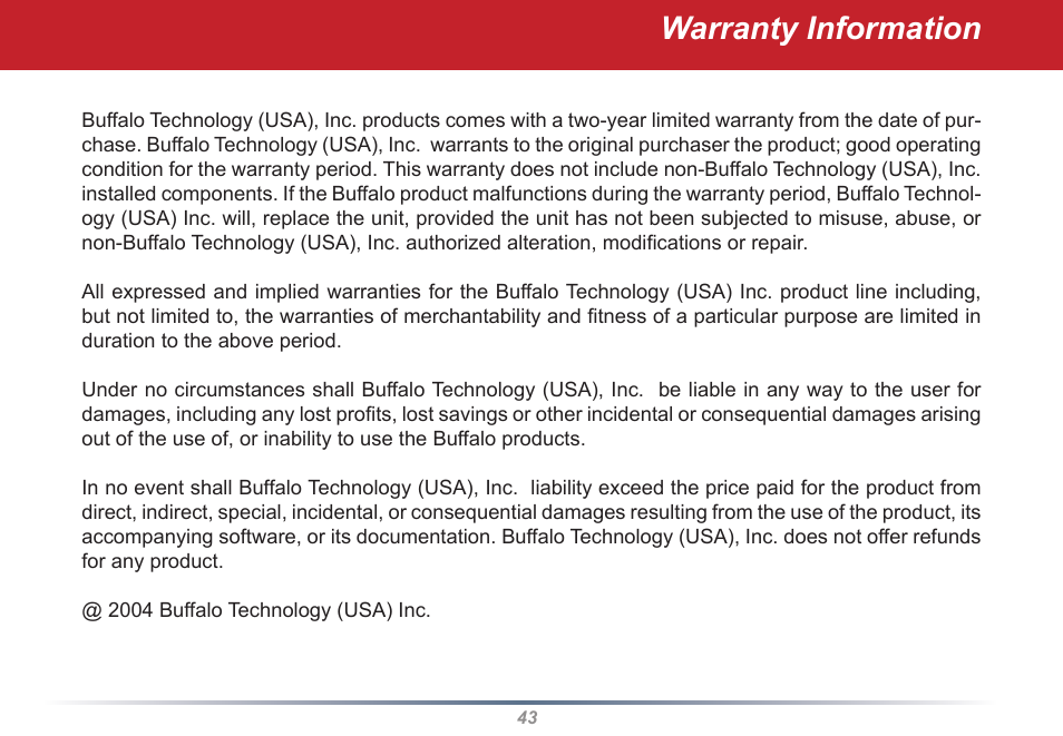 Warranty information | Buffalo Technology WLI2-PCI-G54S User Manual | Page 43 / 45