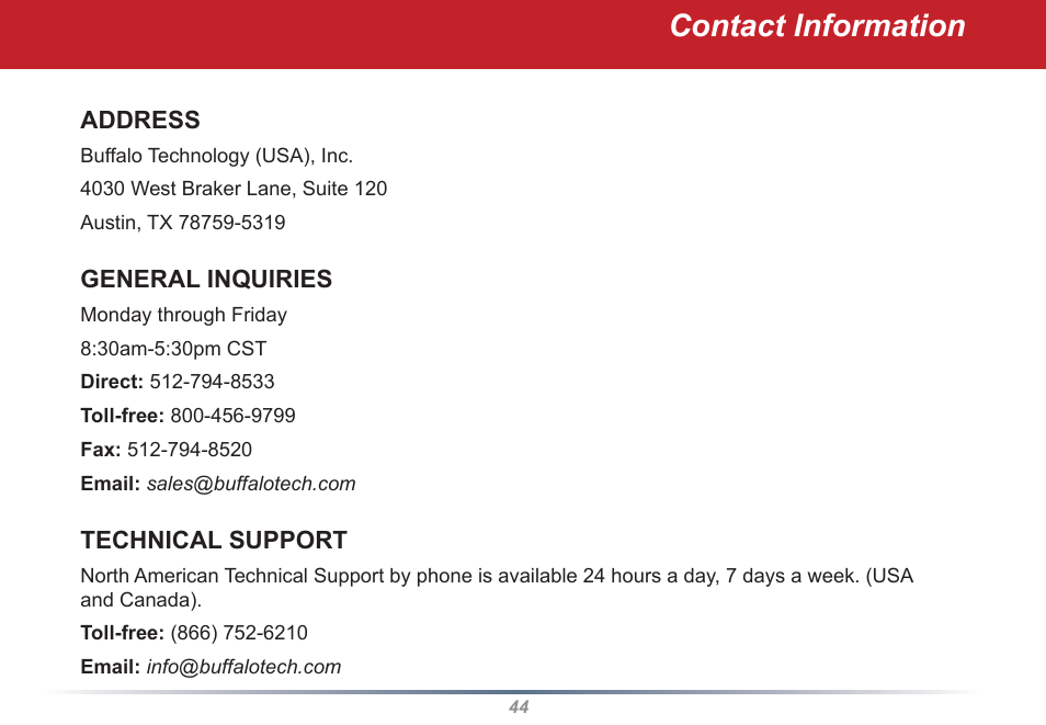 Contact information | Buffalo Technology WLI2-PCI-G54S User Manual | Page 44 / 45