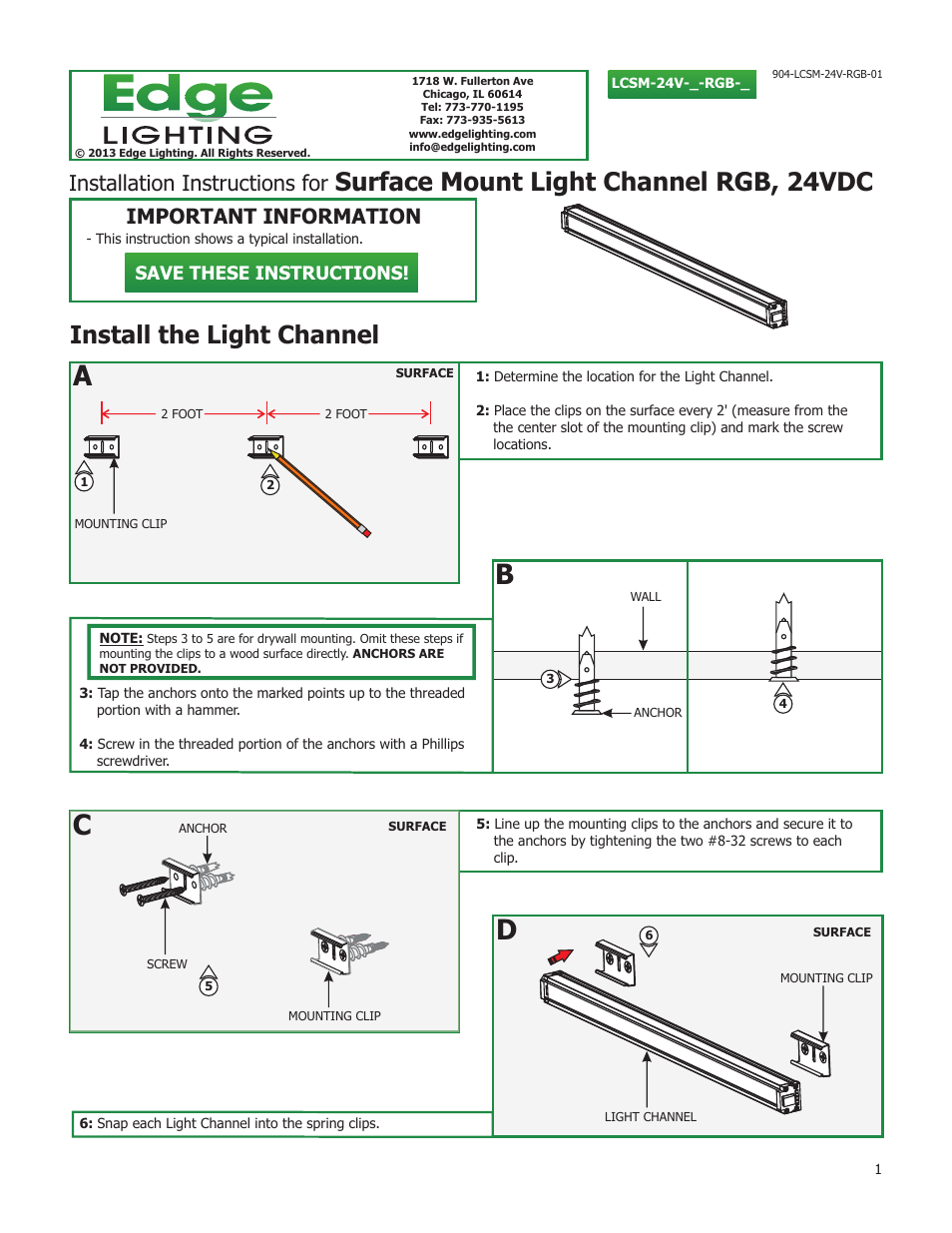 Edge Lighting Light Channel, Surface Mount 24V RGB User Manual | 3 pages