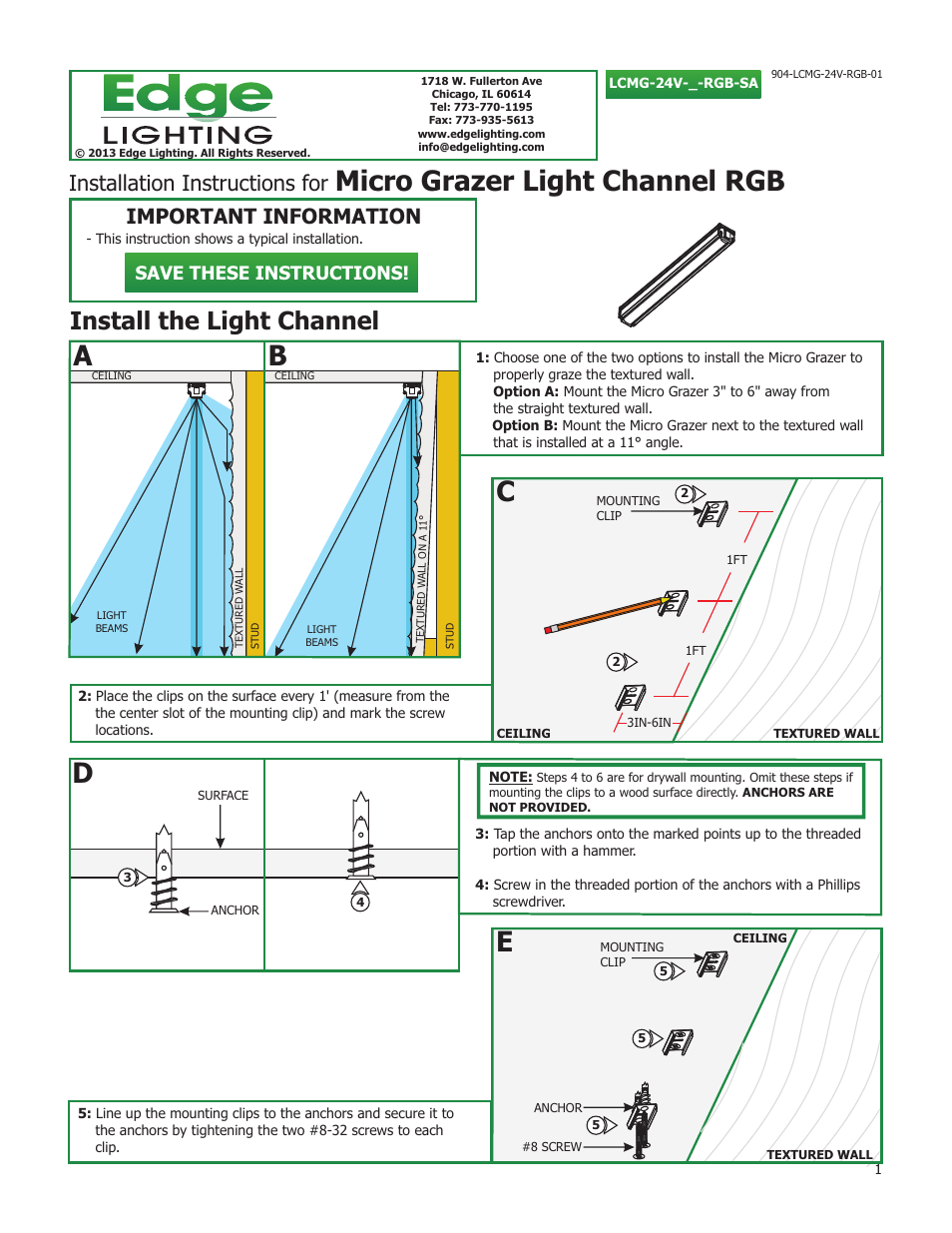 Edge Lighting Micro Grazer Light Channel, 24V RGB User Manual | 3 pages