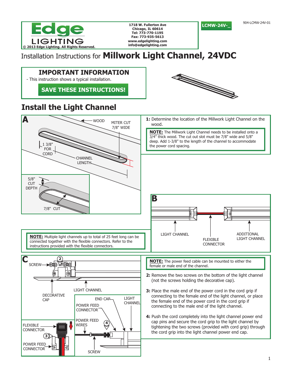 Edge Lighting Light Channel, Millwork 24V User Manual | 2 pages