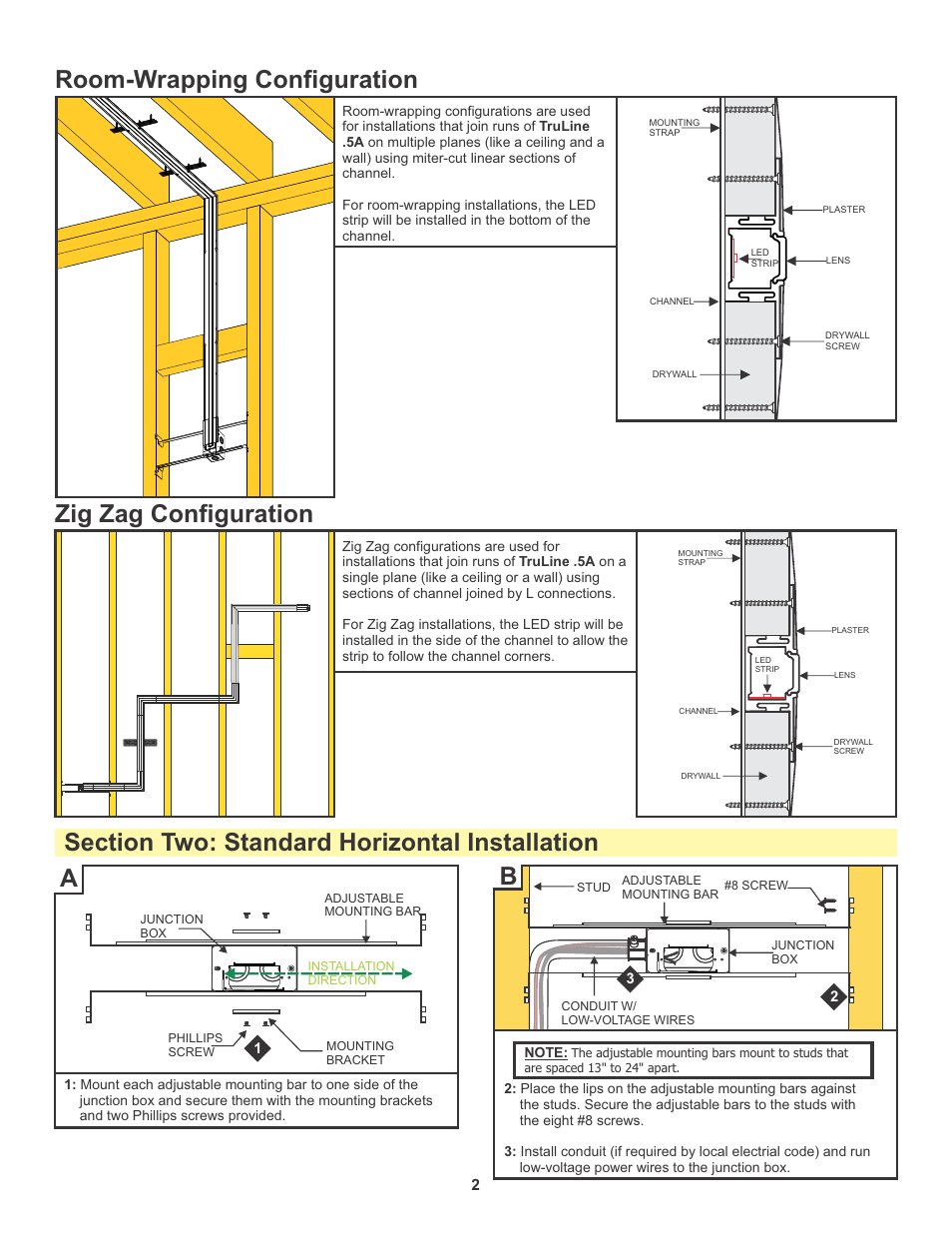 Room-wrapping configuration, Zig zag configuration | Edge Lighting TruLine .5A, 24VDC - Plaster-In LED System User Manual | Page 2 / 17