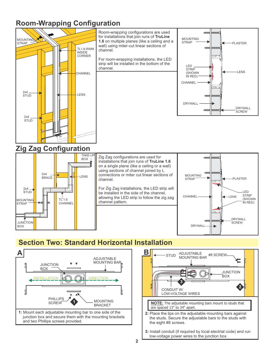 Room-wrapping configuration, Zig zag configuration | Edge Lighting TruLine 1.6A, 24VDC - Plaster-In LED system User Manual | Page 2 / 17