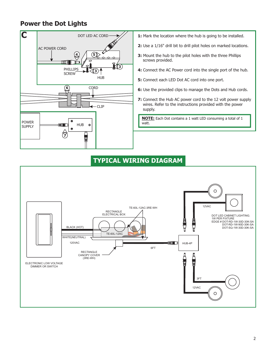 Power the dot lights, Typical wiring diagram | Edge Lighting Dot LED User Manual | Page 2 / 2